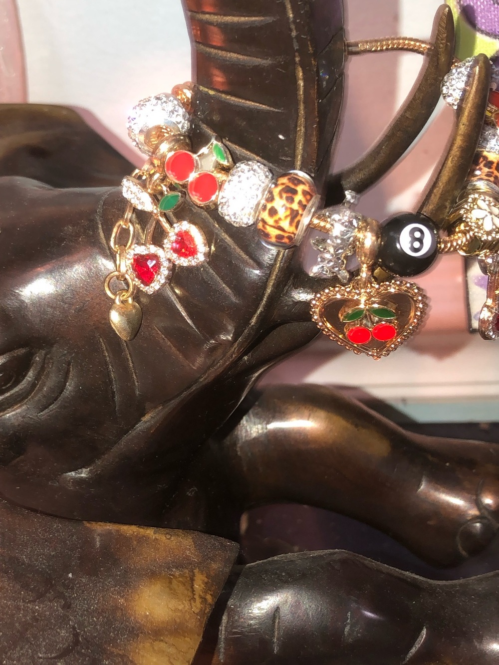 Gold Cherry Charm Bracelet with Red Enamel Accents & 🎱